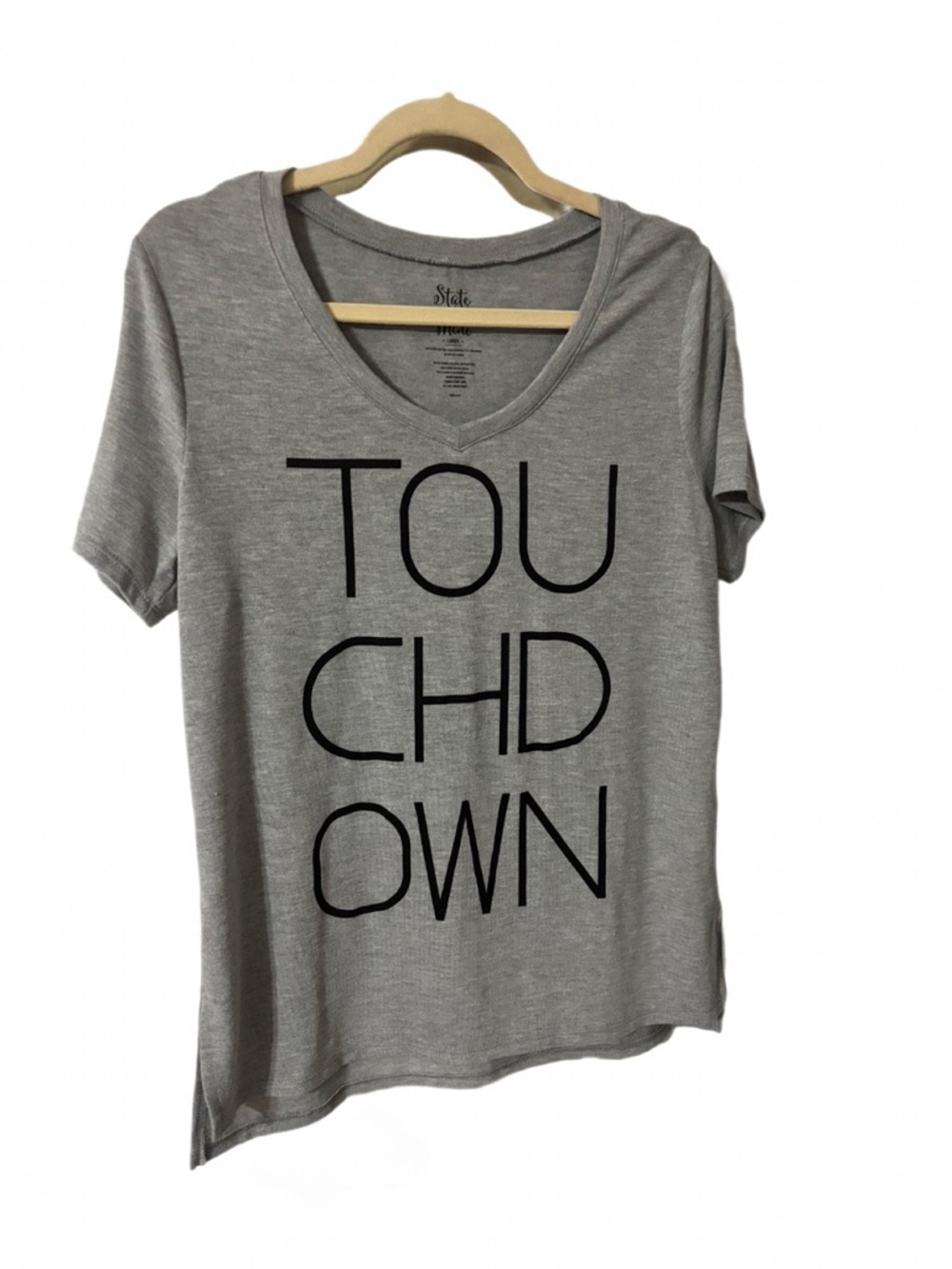 State of Mind Gray V-Neck Graphic Tee with Black Text